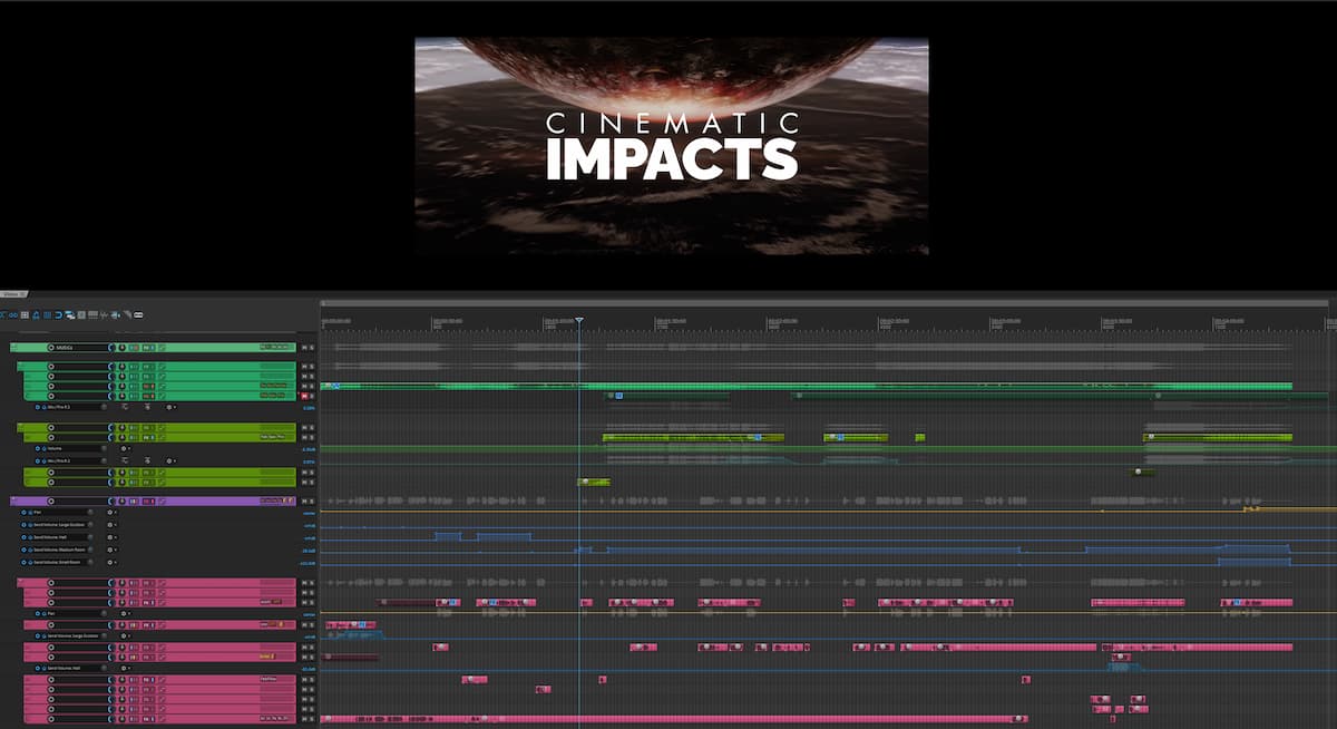 Sound Design Voice Over and Music for Film Trailers 01 Arrangement with Video Color coded groups of layers of a trailer project with +100 tracks
